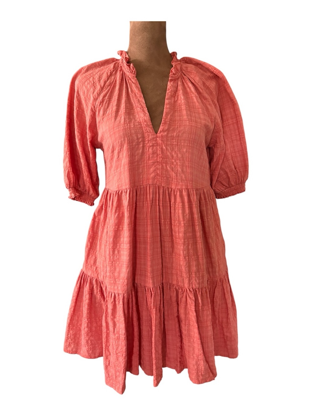 BB Dakota by Steve Madden Hustle & Glow Tiered Gauze Boho Mini Dress Coral XS - Picture 2 of 6
